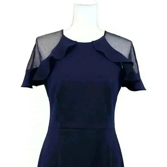 Eliza J Navy Blue Sheer Ruffle Sleeve Crew Neck Sheath Midi Dress Size 8 - Picture 2 of 9